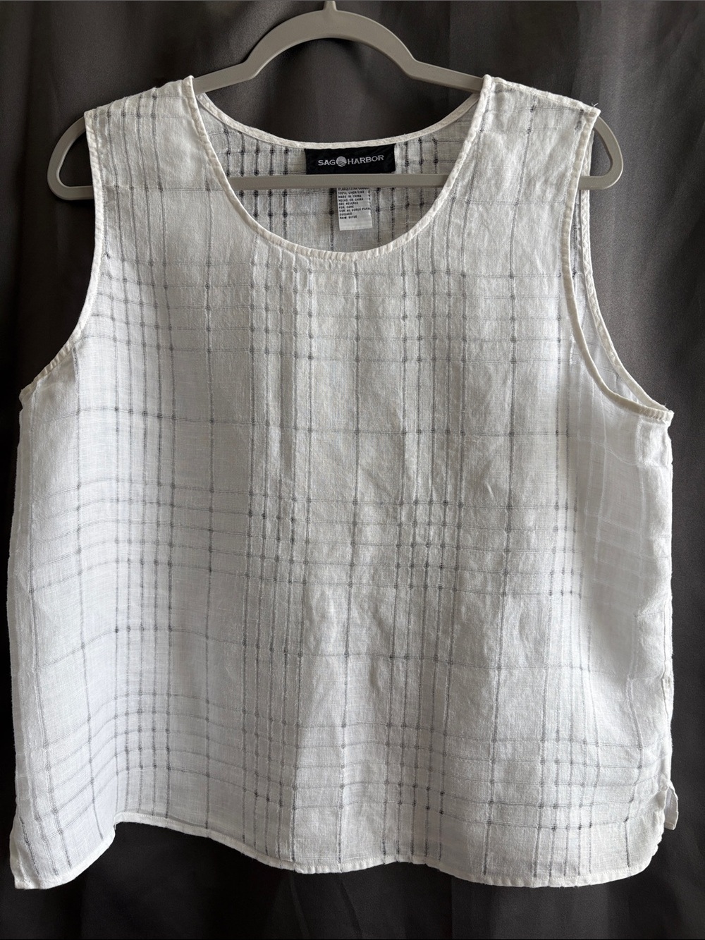 Sag Harbor White Linen Preppy Office Sleeveless Textured Grid Top SZ XL